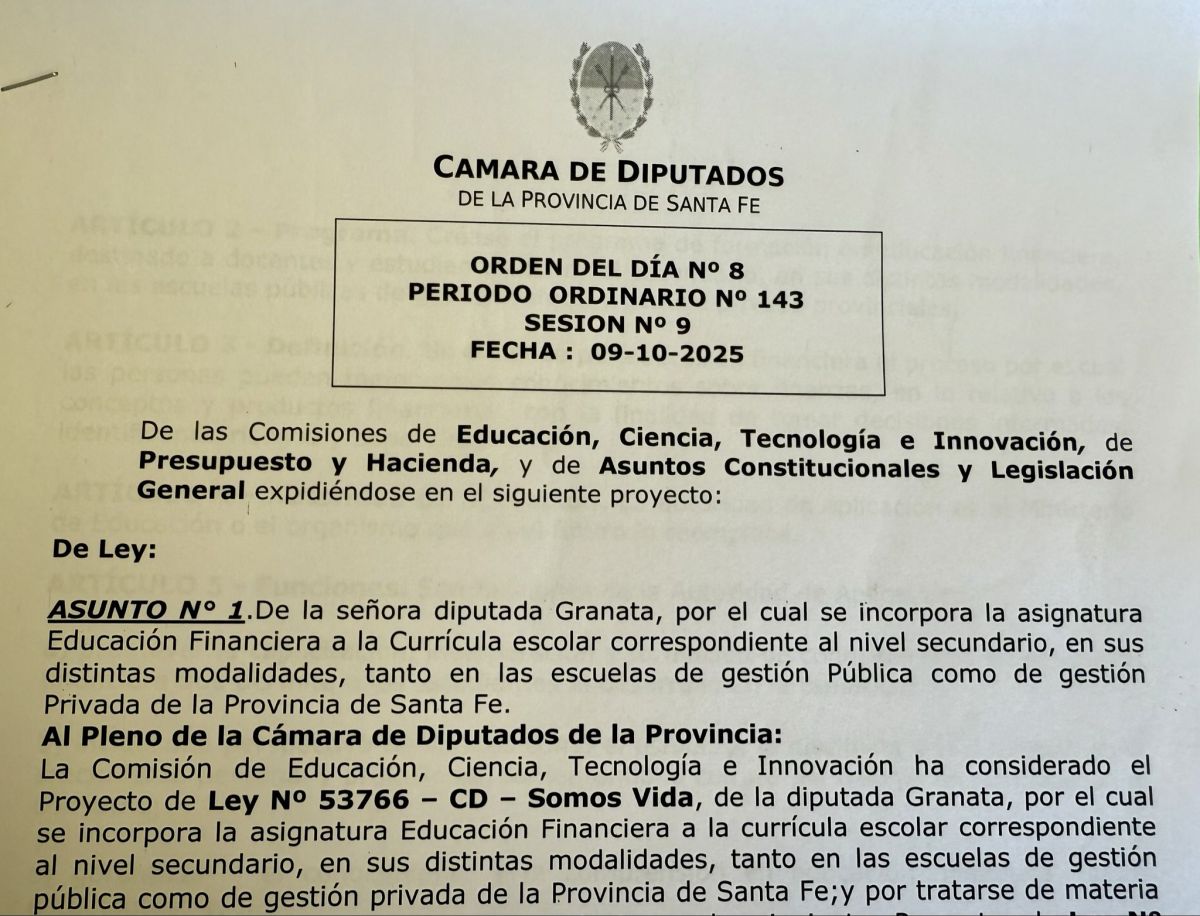 Santa Fe: Media sanci�n al proyecto para ense�ar Educaci�n Financiera en las secundarias